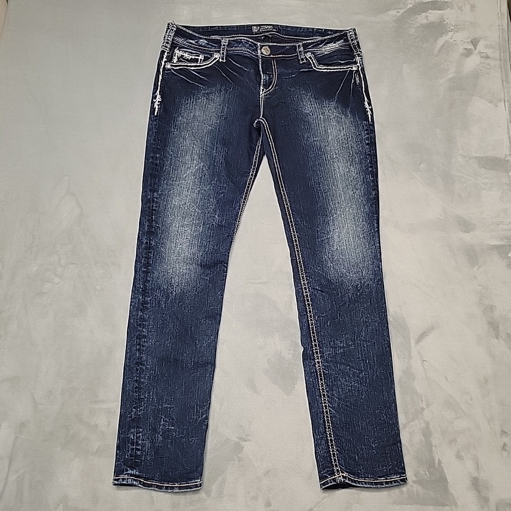 Silver Jeans Jeans Womens 34 Blue Aiko Skinny Embroidered Flap Pocket Dark Wash